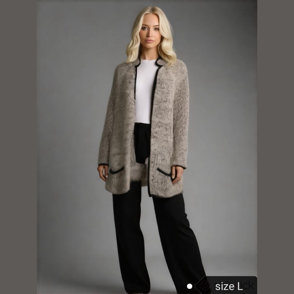 VINTAGE 80s cardigan boucle sweater oversized grey black piping Size L